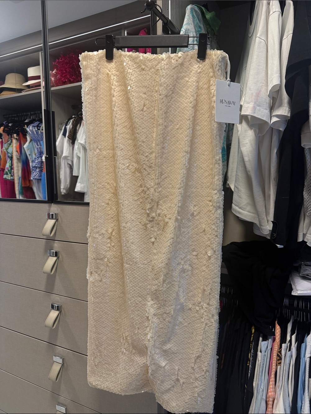 Runaway Cream Midi Skirt with Textured Sequin Detail